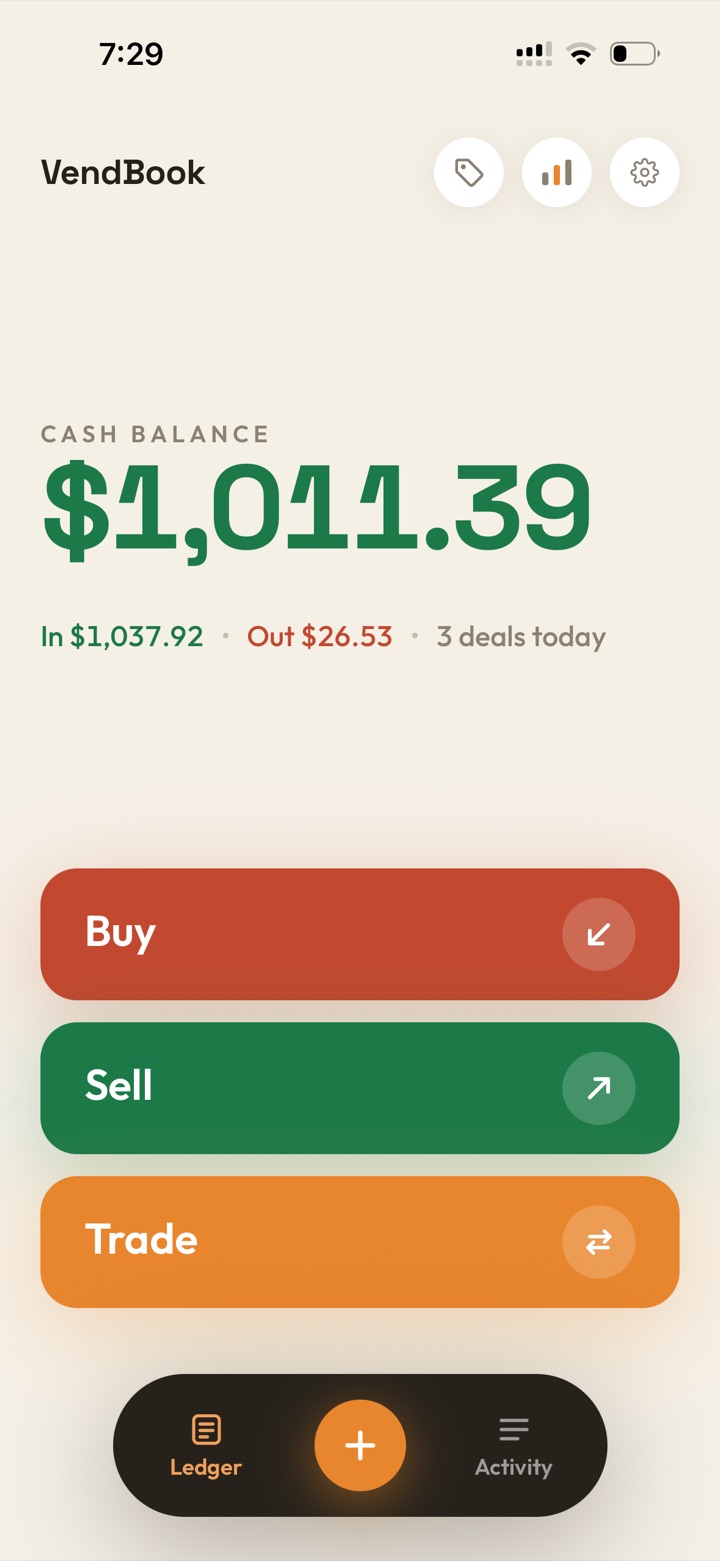VendBook home screen showing live cash balance