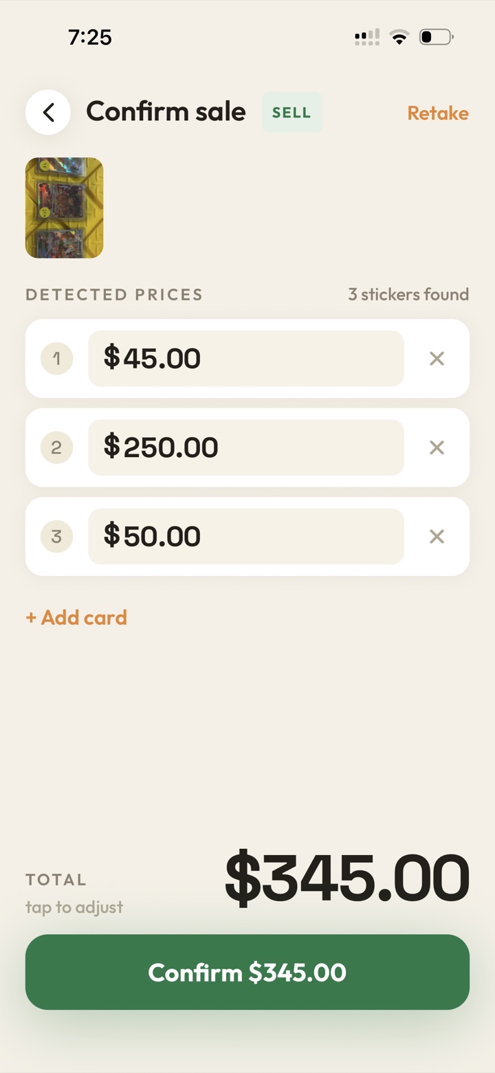 Confirm sale screen with detected prices